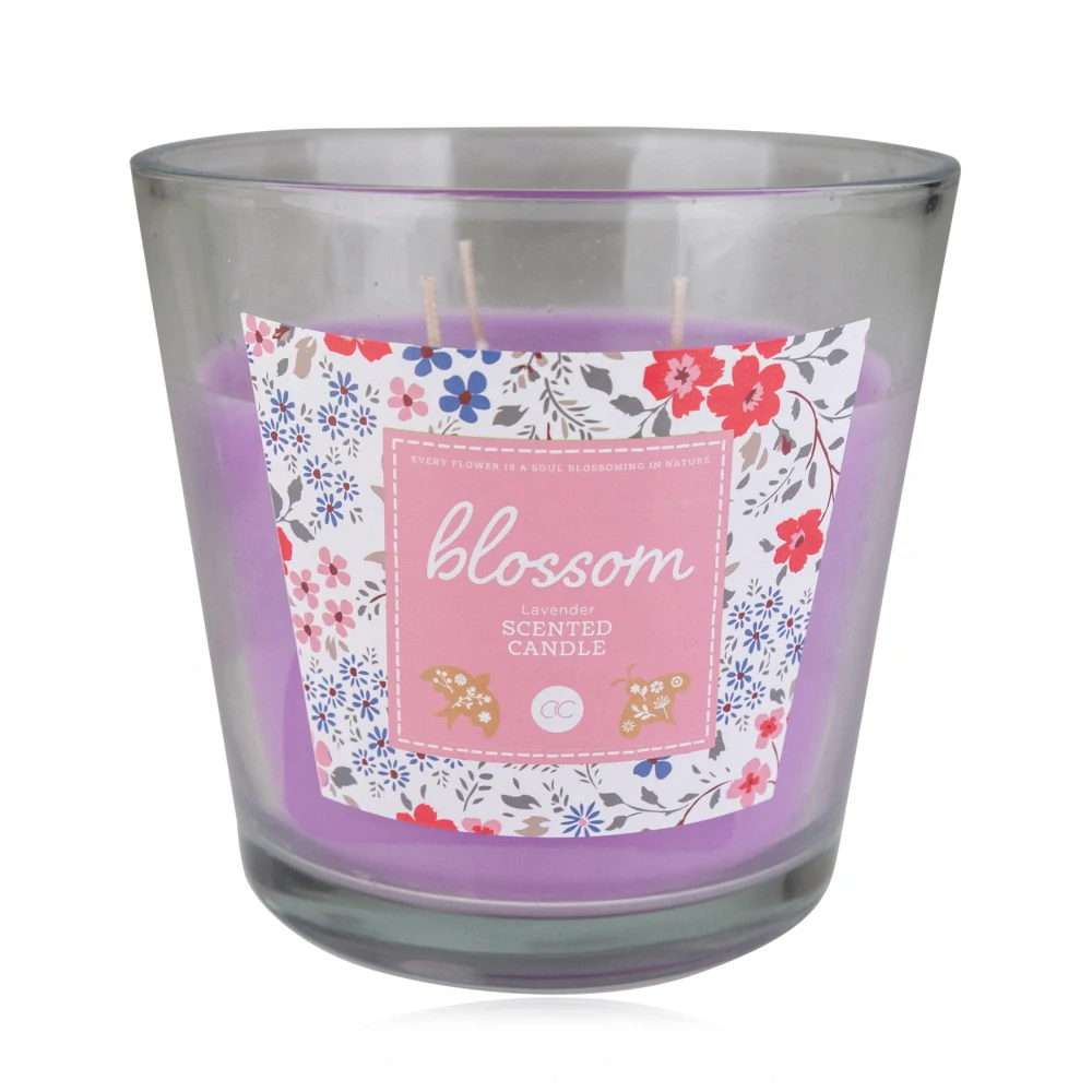 VONNÁ SVÍČKA VELKÁ se třemi knoty 570g ve skle BLOSSOM, 13,5x12,5 cm